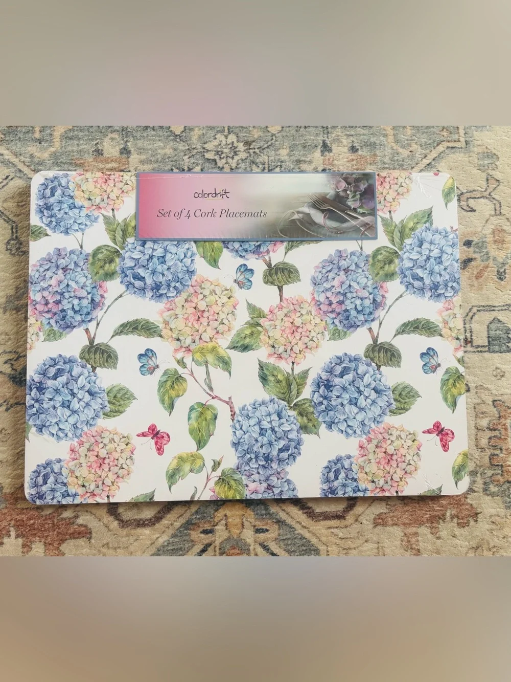 Colorful Hydrangea Cork Placemats Set - Blue & Pink Floral (Set of 4)